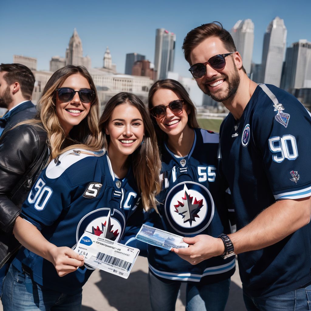 Excited fans holding Winnipeg Jets tickets outside arena before game.