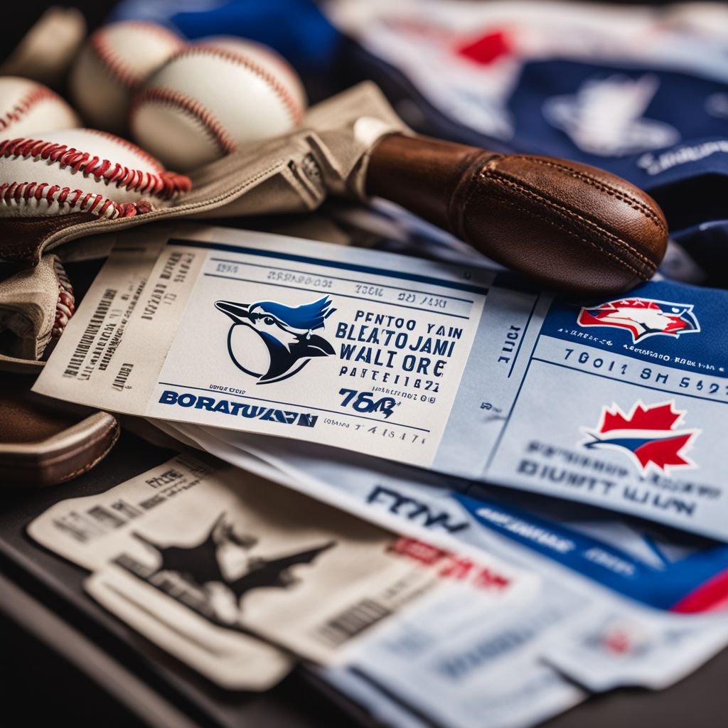 A close-up photo of a Toronto Blue Jays game ticket and baseball equipment.
