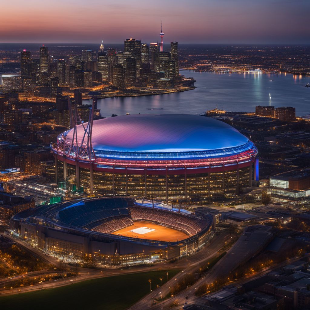 A night time photo of the Rogers Centre surrounded by city lights.