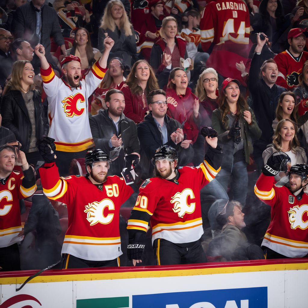 A group of hockey fans cheering at a Calgary Flames game.