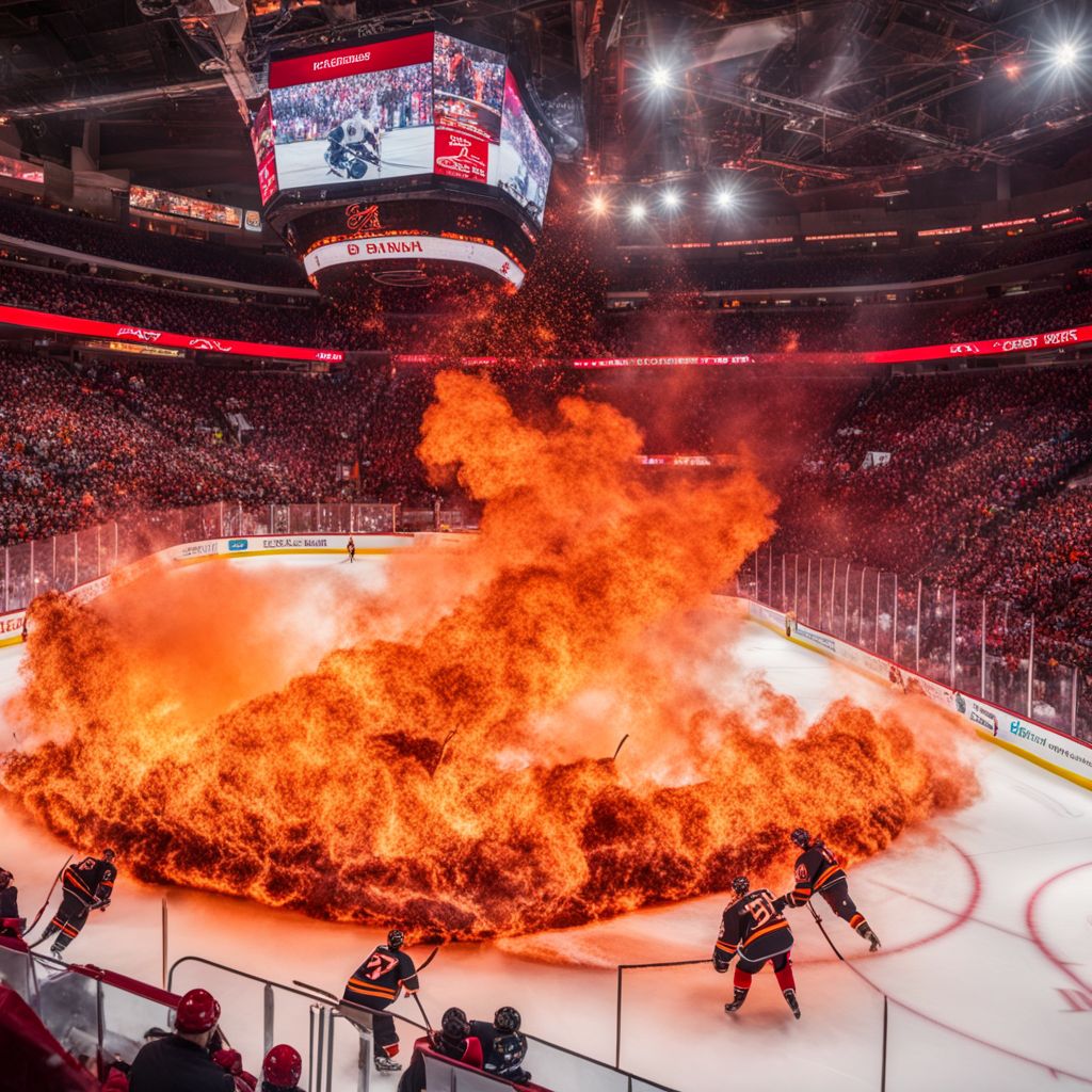 A close-up of the fiery flames at a Calgary Flames game.