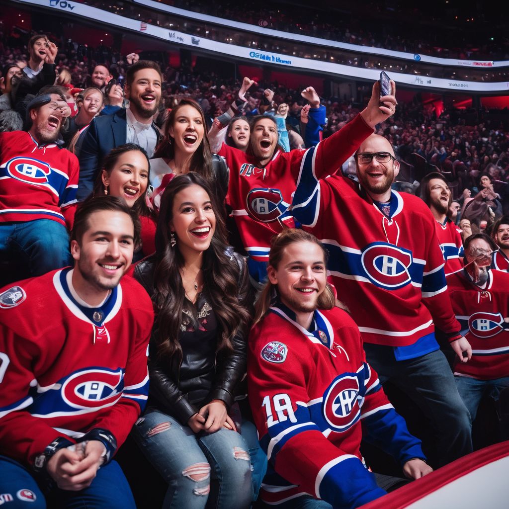A group of fans cheering for the Montreal Canadiens at Bell Centre.