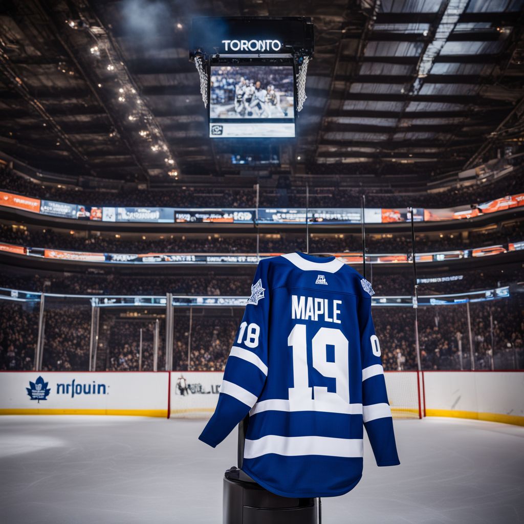 A Toronto Maple Leafs jersey hanging in a historic hockey arena.