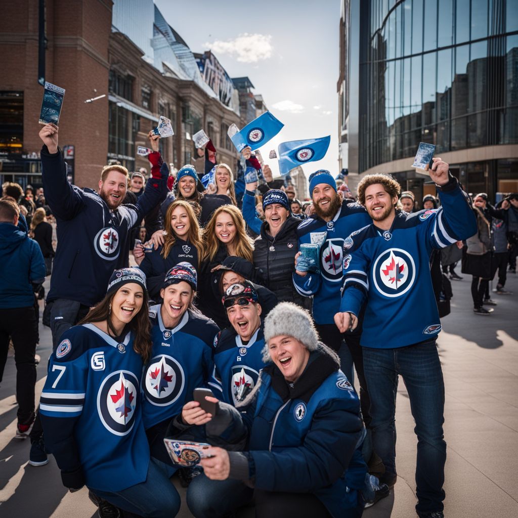 Fans celebrating with Winnipeg Jets tickets outside Bell MTS Place.