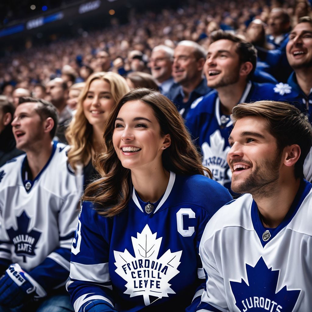 Passionate fans cheering at a Toronto Maple Leafs game.