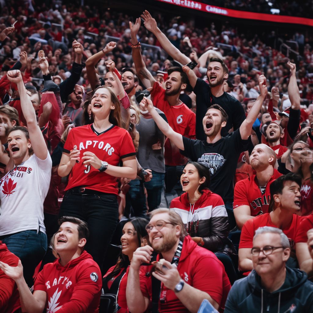 Fans cheering at a Toronto Raptors game in a bustling atmosphere.