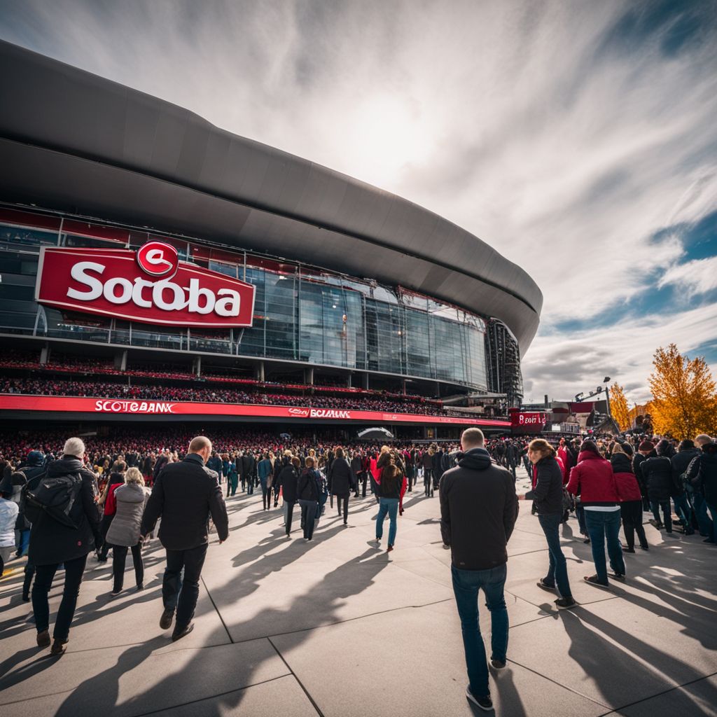A bustling crowd of fans entering the Scotiabank Saddledome for an event.